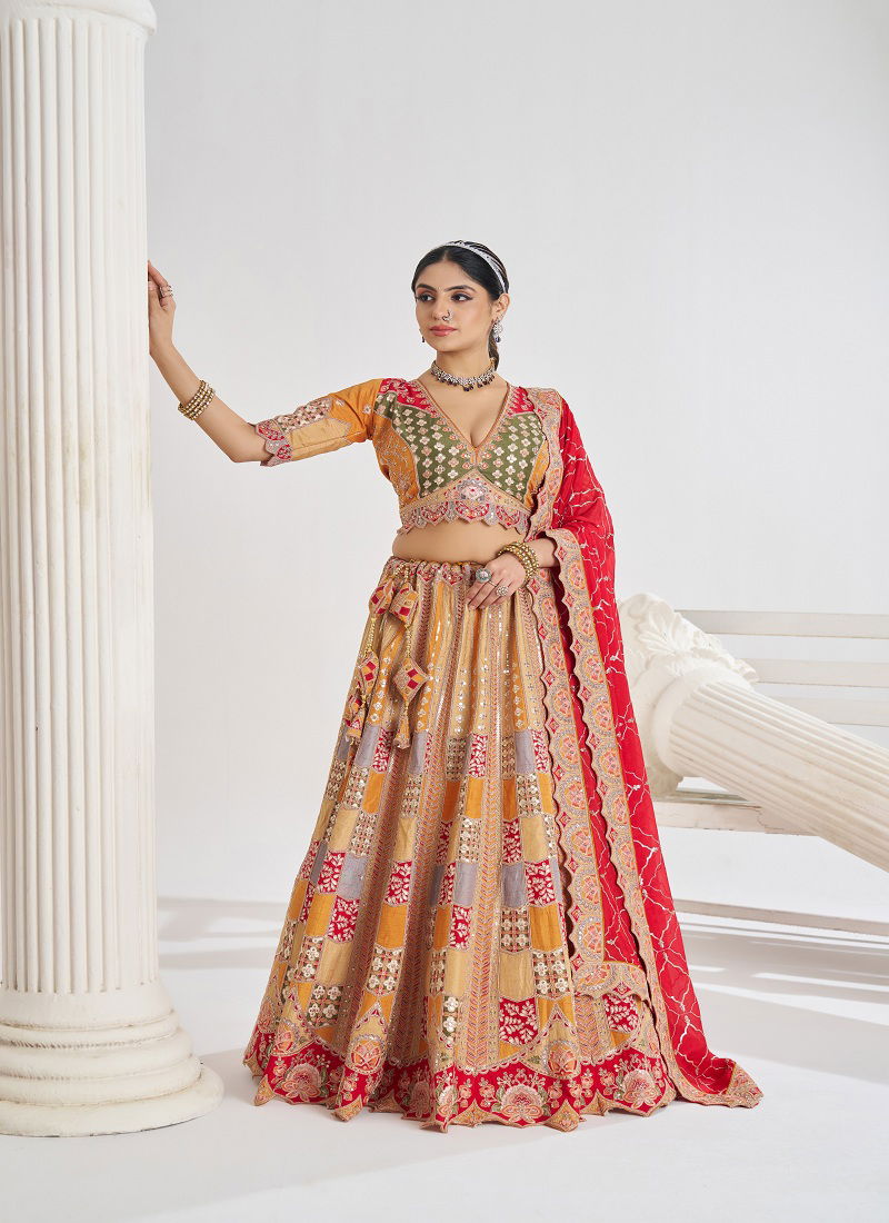 Kf 128 Mustard Dola Silk Party Wear Lehengas Suppliers In India
